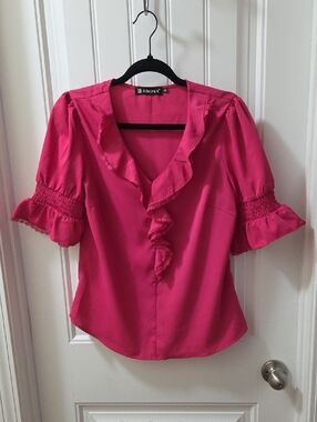 Allegra K Fuchsia Ruffle V-Neck Blouse with Smocked Sleeves